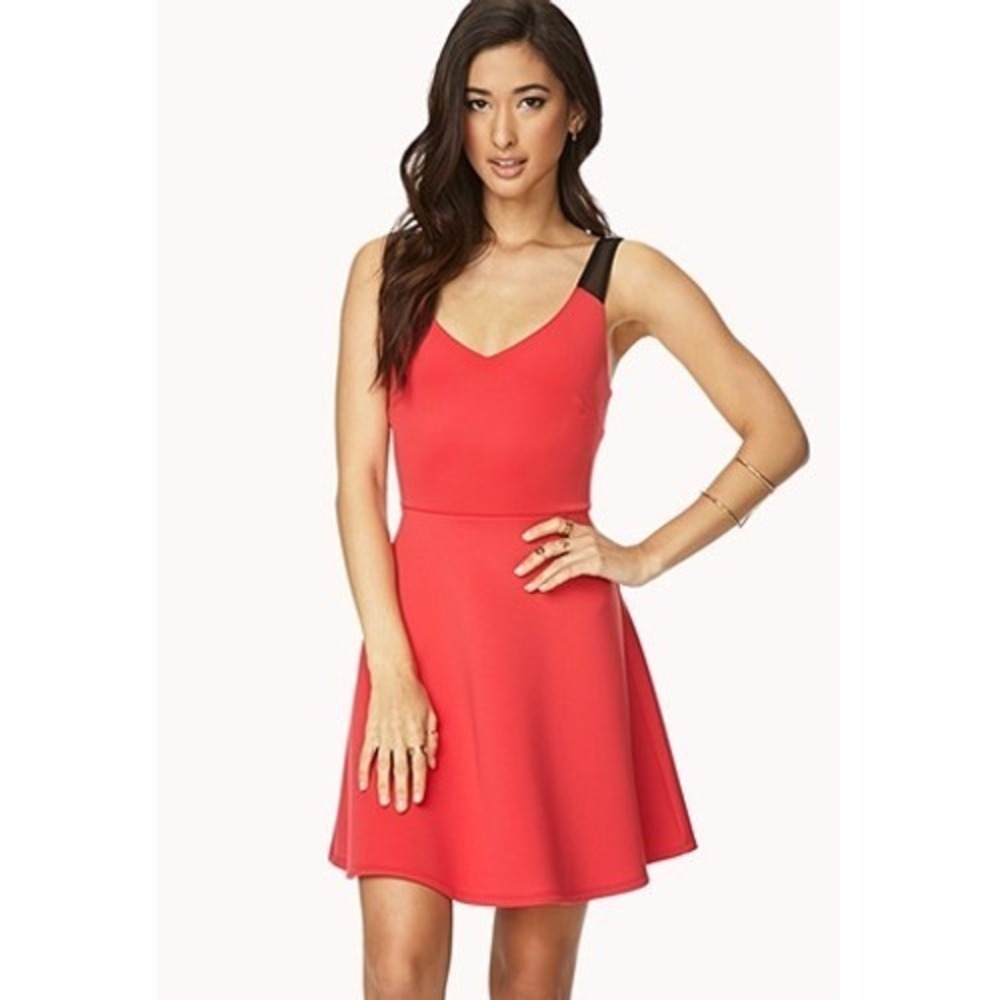 Forever 21 Red Fit and Flare Skater Dress Black Mesh Back V-Neck Size Medium